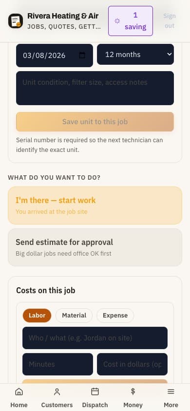A JobCard job with no signal. The header reads 1 saving, meaning the change is held on the phone.