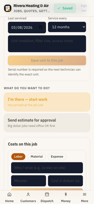 The same JobCard job after the signal returns. The header reads Saved.