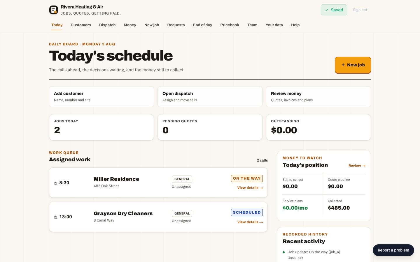 The real JobCard Today board with assigned calls, money to watch, and recent activity